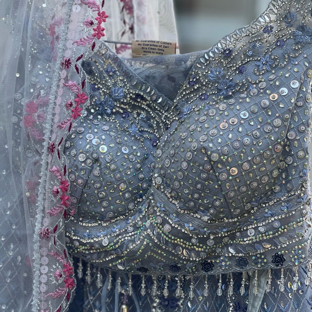 Indian Lehenga Grey blue heavy beaded with cancan